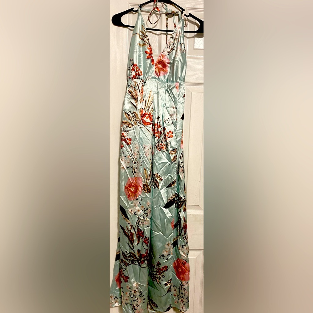 Blue Floral Satin Backless Maxi Dress